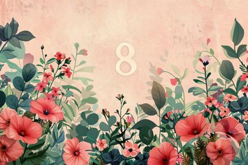 Floral Wallpaper with Number 8, Botanical Design for International Women's Day, Copy Space, Digital Illustration