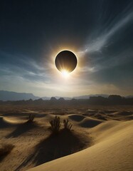 A solar eclipse over a desert  landscape
