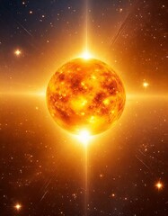 The sun pictured in outer space with stars all around in photographic stle 