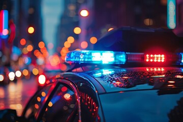 Flashing blue and red lights on a police car with a blurred city backdrop, capturing the urgency and energy of law enforcement - obrazy, fototapety, plakaty