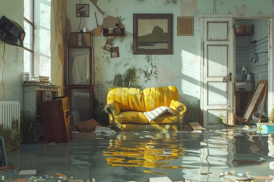 Flooded home interior with damaged furniture and belongings, realistic 3D illustration
