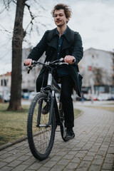 Fototapeta premium A stylish businessman riding a bicycle outdoors in a city setting, representing sustainable transportation and active lifestyle.