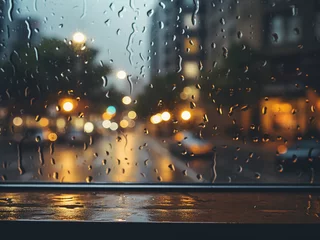 Fotobehang City life captured: Raindrop on coffee shop window amidst urban hustle. © Llama-World-studio