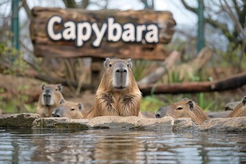 a sign that spells "Capybara" behind a group of capybaras relaxing in a zoo