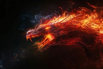 Fiery red dragon breathing flames on dark background, mythical creature portrait, fantasy art illustration - obrazy, fototapety, plakaty