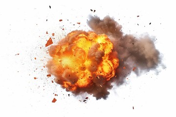 Fototapeta na wymiar Fiery explosion with debris and smoke isolated on white background, digital illustration