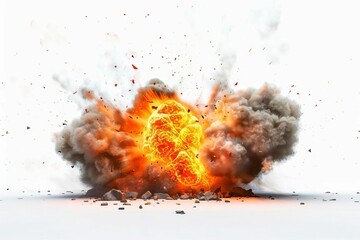 Fiery explosion with debris and smoke isolated on white background, digital illustration