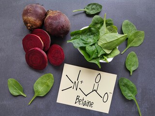 Structural chemical formula of betaine (TMG, trimethylglycine, an amino acid). Betaine is found naturally in beetroot and spinach, used to boost athletic performance and improve heart and liver health