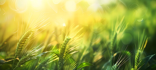Fototapeta premium Beautiful meadow field with fresh grass on blurred background with sunbeams and lights. Pasture grass. Pastoral scenery. Agricultural rural landscape in the summer or spring time