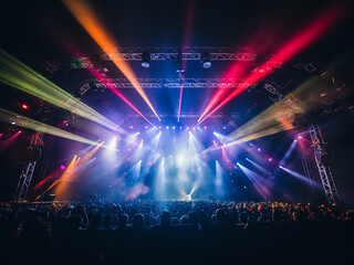 Fototapeta na wymiar Concert lighting equipment casts colorful beams on stage.