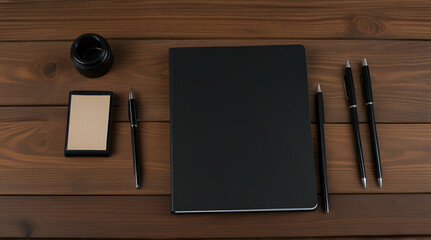 Hard covered black sketchbook on wooden table. Blank stationery mockup. Template for placing your design.generative.ai