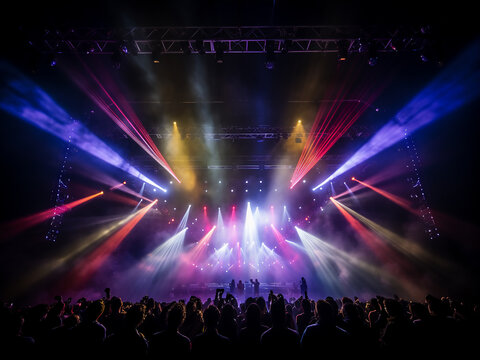 Concert stage glows with vibrant, multicolored lights.