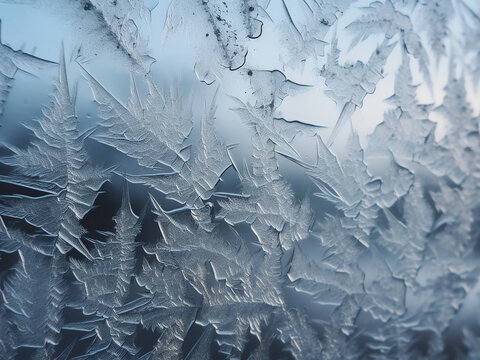 Intricate patterns decorate the surface of frozen window glass.