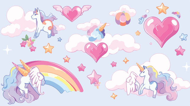 Cute set fantasy elements unicorn rainbow cloud sta