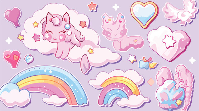Cute set fantasy elements unicorn rainbow cloud sta