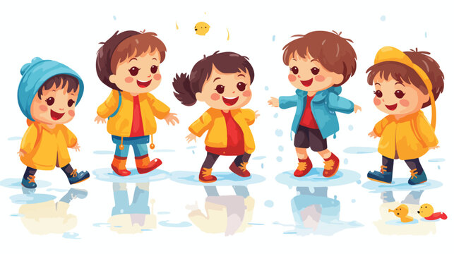 Cute smiling little kids playing on puddles set for