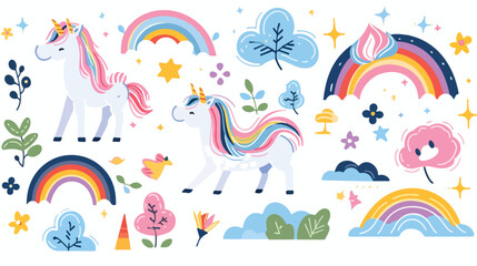Fototapeta na wymiar Cute unicorn on rainbow vector set illustrations on