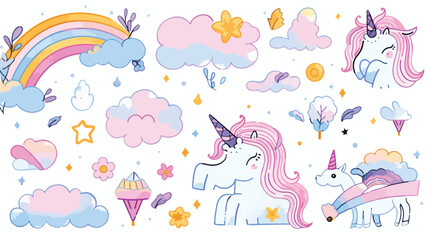 Cute unicorn on rainbow vector set illustrations on