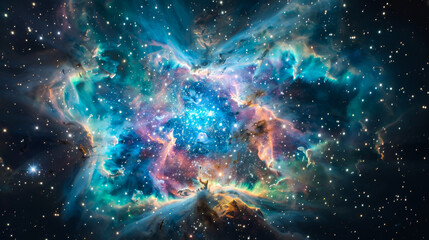 Supernova explode space, cosmos, blue pink green colors, lot of stars everywhere
