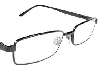 Black stylish unisex glasses, large detailed isolated eyewear spectacles macro closeup, horizontal...