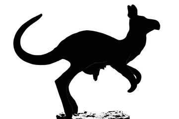 Red kangaroo and baby pouch figurine isolated silhouette, large detailed black horizontal macro closeup, extant marsupial cutout, native Australian mammal Osphranter rufus concept - 771847339