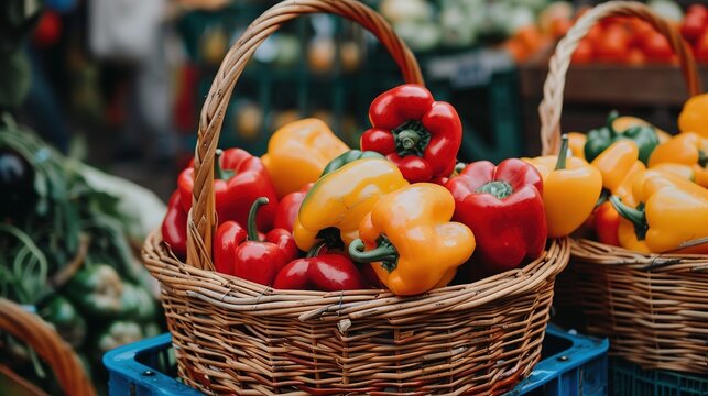 close-up shot of fresh sweet peppers in a busket on table, real photo, stock photography  generative ai