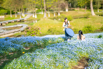 Blurred dreamy background of tourists taking photos among flowers