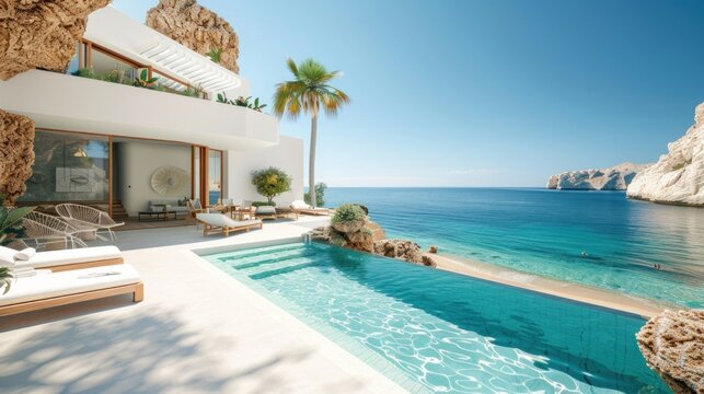 the villa, beach and blue lagoon overlooking a beautiful white and beige, light sky-blue and gold, vacation
