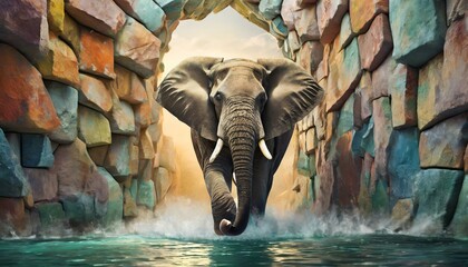 close up of a elephant, Elephant coming out of the walls. Wallpapers for walls. 3D rendering. - obrazy, fototapety, plakaty