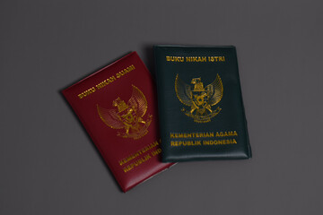 Marriage Book, Husband and Wife, Ministry of Religion of the Republic of Indonesia isolated on grey background