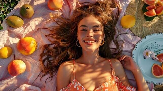 A carefree young woman lying on a picnic blanket, surrounded by fresh fruits and a radiant smile, against a soft pastel background, real photo, stock photography