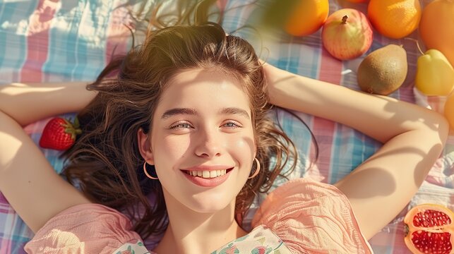 A carefree young woman lying on a picnic blanket, surrounded by fresh fruits and a radiant smile, against a soft pastel background, real photo, stock photography