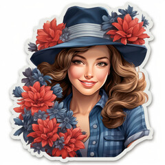Smiling Woman in Blue Hat with Red Flowers

