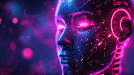 A woman's face is shown in a bright pink color with glowing eyes. The image is of a robot or a computer-generated character