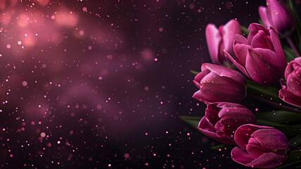 Tulips with glitter bokeh background. Copy space.