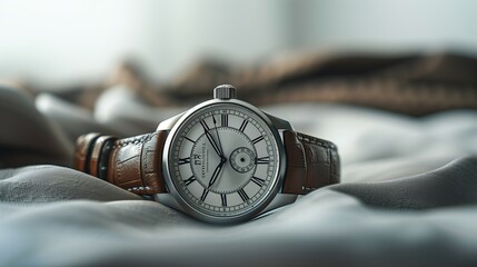 Fototapeta premium A modern wristwatch displayed prominently against a backdrop of soft, muted gray, real photo, stock photography generative ai images