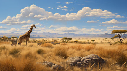giraffe in the serengeti - obrazy, fototapety, plakaty