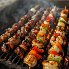Flaming Grill Packed with Sizziling Kabobs Invoking Delightful Barbeque Vibes