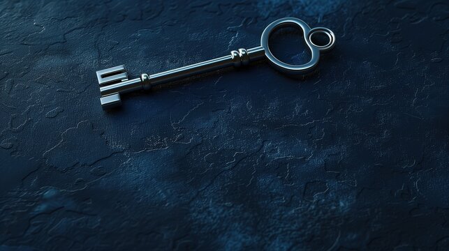 A shiny silver key resting on a plain dark navy surface, minimalist presentation, stock photography ai generated high quality image