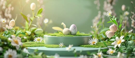 Easter podium background 3d product egg spring happy flower display scene sale gold. Background rabbit podium banner cosmetic greeting easter stage card poster platform grass nature mockup green day - obrazy, fototapety, plakaty