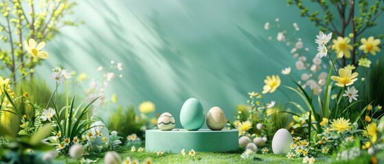 Easter podium background 3d product egg spring happy flower display scene sale gold. Background rabbit podium banner cosmetic greeting easter stage card poster platform grass nature mockup green day - obrazy, fototapety, plakaty