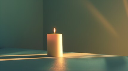 A single lit candle casting a soft glow on a plain surface, minimalist ambiance, real photo, stock photography ai generated high quality image