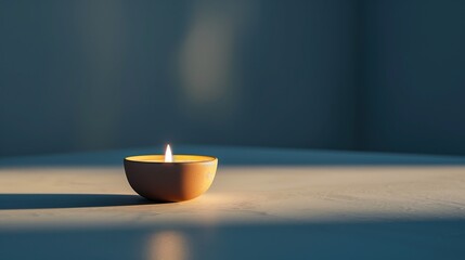 A single lit candle casting a soft glow on a plain surface, minimalist ambiance, real photo, stock photography ai generated high quality image - obrazy, fototapety, plakaty