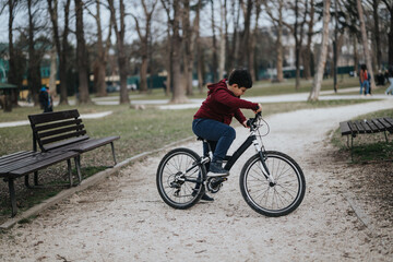 A young, active boy enjoys a ride on his bicycle through a scenic park, embodying joy and the spirit of youth.