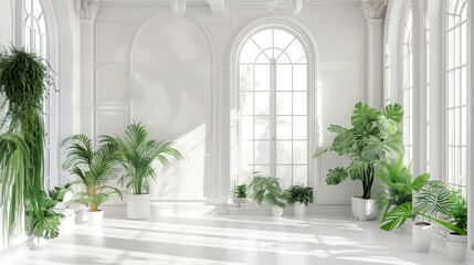 Fototapeta na wymiar A grand white room within a lavish loft, featuring captivating wall patterns adorned with thriving green plants, real photo, stock photography ai generated high quality image