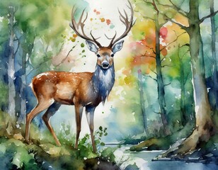 watercolor wall painting featuring a deer amidst a tranquil forest backdrop, evoking a sense of wonder and serenity."