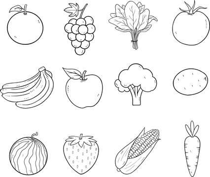 Fruits and Vegetable Simple Doodle Collection Set