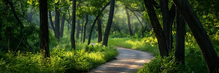 Fotobehang Serene Canopy: A Picturesque Hiking Trail Enveloped in Lush Greenery in Kansas City © James