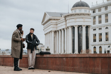Three young entrepreneurs engage in a lively business conversation in an urban setting, with grand architecture in the background.