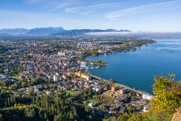 City of Bregenz am Bodensee (Lake of Constanze), toward the Rhine Delta and Swiss Mountains, State of Vorarlberg, Austria